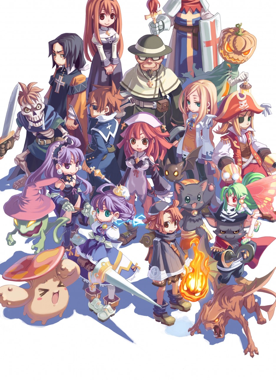 6+girls ahoge alouette_(la_pucelle) angelique_(la_pucelle) armor armored_dress artist_request bat_(la_pucelle) black_hair blonde_hair brown_eyes brown_hair butterfly_wings cat croix_raoul culotte dark_eclair dark_soldier_(la_pucelle) dress eclair_(la_pucelle) eringya_(marl_kingdom) everyone father_salade fire_(la_pucelle) gargoyle_(la_pucelle) ghost_(la_pucelle) glasses green_eyes green_hair hairband hat highres homard jack-o'-lantern jewelry la_pucelle long_hair mamelon marl_kingdom mole mole_under_eye monster multiple_boys multiple_girls necklace noir_(la_pucelle) nyanko_(marl_kingdom) official_art pantyhose pirate_hat prier pumpkin pumpkin_(la_pucelle) purple_dress purple_eyes purple_hair red_hair robe shawl shoes short_hair shorts smile socks standing sunglasses sweater v_arms white_background wings yattanya zombie_(la_pucelle)