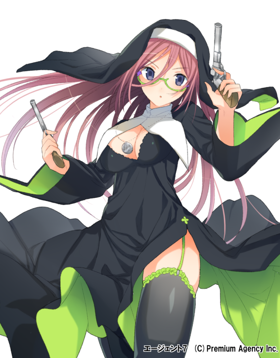 agent_7 bad_id bad_pixiv_id black_eyes breasts cleavage dual_wielding glasses gun habit handgun holding jewelry long_hair looking_at_viewer medium_breasts necklace nun official_art original pink_hair simple_background solo weapon white_background yuuhi_homare