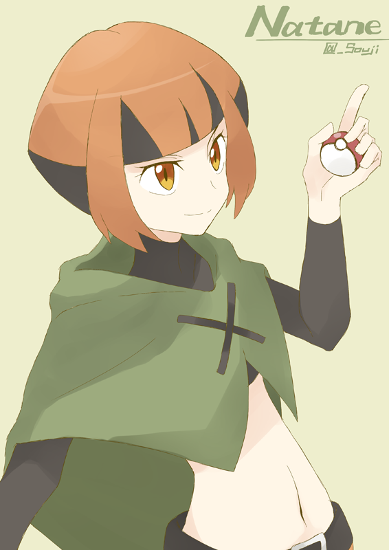 bad_id bad_twitter_id belt black_hair brown_eyes brown_hair cape capelet character_name green_capelet gym_leader holding holding_poke_ball midriff multicolored_hair natane_(pokemon) navel poke_ball pokemon pokemon_(game) pokemon_dppt short_hair simple_background smile solo souji twitter_username two-tone_hair