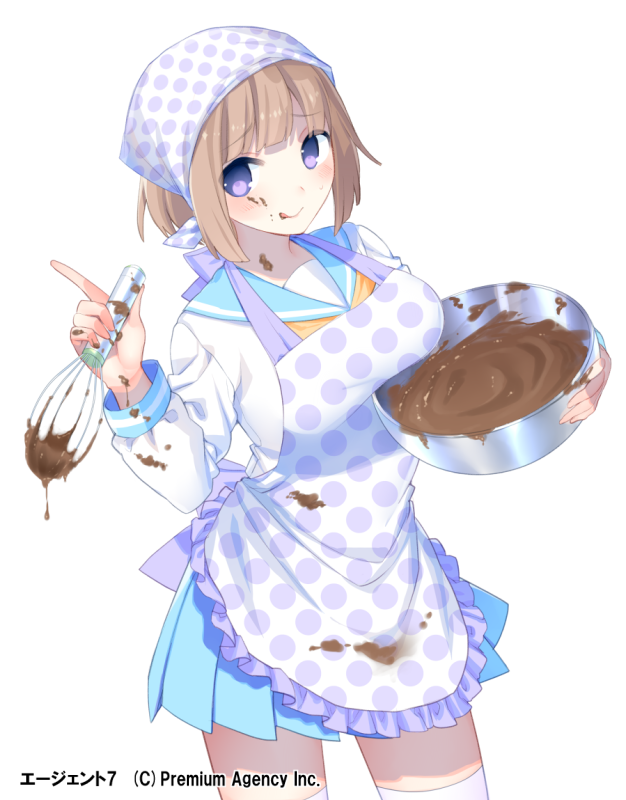 :q agent_7 apron bad_id bad_pixiv_id brown_hair chocolate food food_on_face head_scarf headwear looking_at_viewer mixing_bowl official_art original pleated_skirt purple_eyes school_uniform serafuku short_hair simple_background skirt solo tongue tongue_out whisk white_background yuuhi_homare