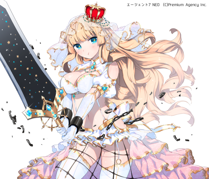 agent_7 bad_id bad_pixiv_id blonde_hair blue_eyes breasts crown holding large_breasts long_hair looking_at_viewer mini_crown navel official_art original pout simple_background solo sword veil very_long_hair weapon white_background yuuhi_homare