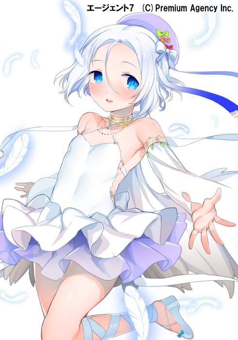 :d agent_7 bad_id bad_pixiv_id blue_eyes detached_sleeves dress frilled_dress frills hat looking_at_viewer official_art open_mouth original reaching short_hair simple_background smile solo white_background white_dress white_hair yuuhi_homare
