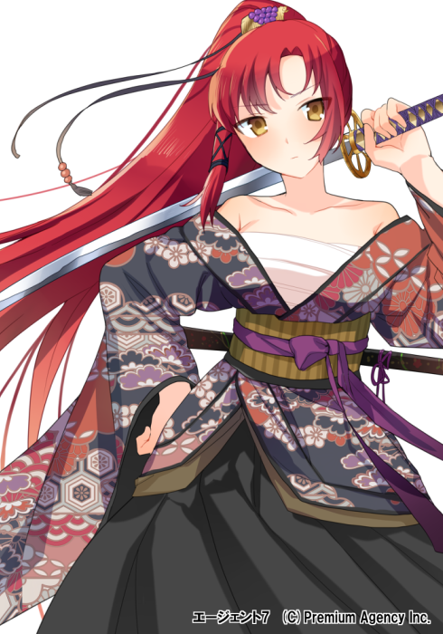 agent_7 bad_id bad_pixiv_id bandages bare_shoulders brown_eyes hair_ornament holding japanese_clothes katana long_hair looking_at_viewer official_art original ponytail red_hair sarashi simple_background solo sword weapon white_background yuuhi_homare