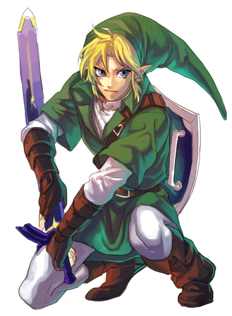 bad_id bad_pixiv_id blonde_hair blue_eyes gloves hat kiru_(sorr5042) link male_focus pointy_ears sheath sheathed shield solo sword the_legend_of_zelda the_legend_of_zelda:_ocarina_of_time weapon