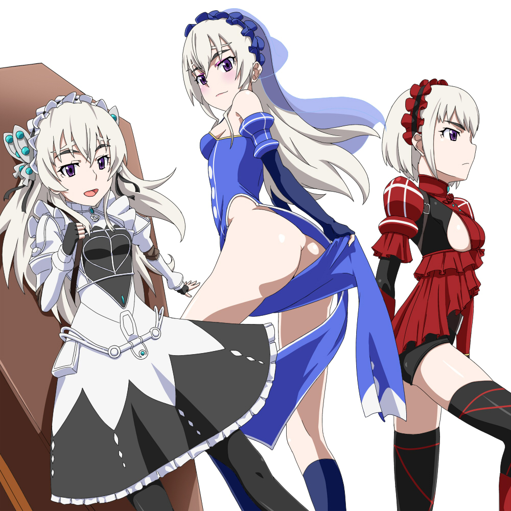 ass bad_anatomy black_legwear blush butterfly_hair_ornament chaika_bogdan chaika_trabant dress eyebrows fingerless_gloves frills gloves hair_ornament hairband hitsugi_no_chaika layla_(hitsugi_no_chaika) lolita_hairband long_hair long_legs looking_at_viewer multiple_girls no_panties pantyhose pelvic_curtain puffy_sleeves purple_eyes ribonzu short_hair silver_hair thighhighs