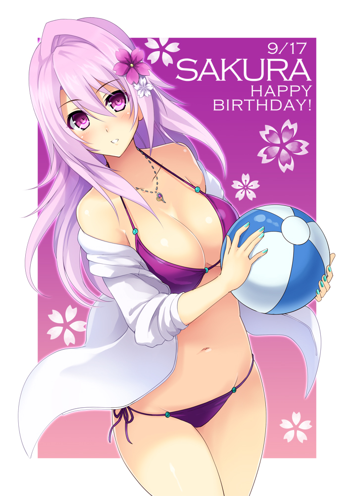 ball beachball bikini blush breasts cleavage cu-no flower hair_flower hair_ornament hisenkaede jacket jewelry large_breasts long_hair looking_at_viewer nail_polish navel off_shoulder open_clothes open_jacket parted_lips pendant pink_hair purple_eyes shiny shiny_skin solo strap_gap swimsuit yayoi_sakura