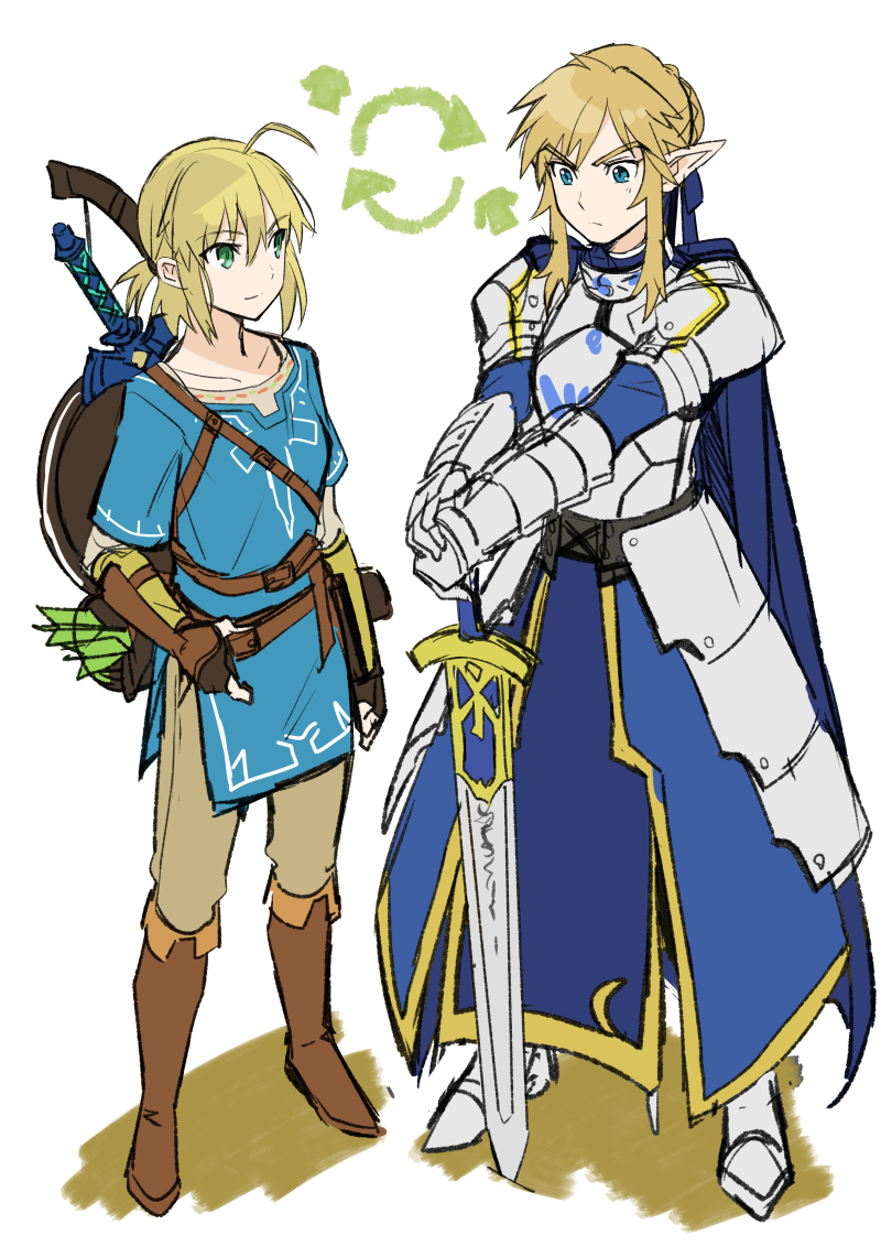 1boy 1girl ahoge armor armored_dress arrow artoria_pendragon_(all) bangs belt black_gloves blonde_hair blue_cape blue_dress blue_eyes blue_ribbon blue_shirt blue_tunic boots bow_(weapon) braided_bun breasts brown_footwear brown_pants cape collarbone commentary_request cosplay costume_switch directional_arrow dress excalibur eyebrows_visible_through_hair fate/stay_night fate_(series) fingerless_gloves gauntlets gloves greaves green_eyes hair_between_eyes hair_bun hair_ribbon hand_on_belt hands_on_hilt holding holding_sword holding_weapon knee_boots link link_(cosplay) long_hair master_sword medium_breasts nintendo pants planted_sword planted_weapon pointy_ears quiver ribbon saber saber_(cosplay) shield shimo_(s_kaminaka) shirt short_ponytail short_sleeves sidelocks simple_background sketch standing sword the_legend_of_zelda the_legend_of_zelda:_breath_of_the_wild tunic v-shaped_eyebrows weapon white_background