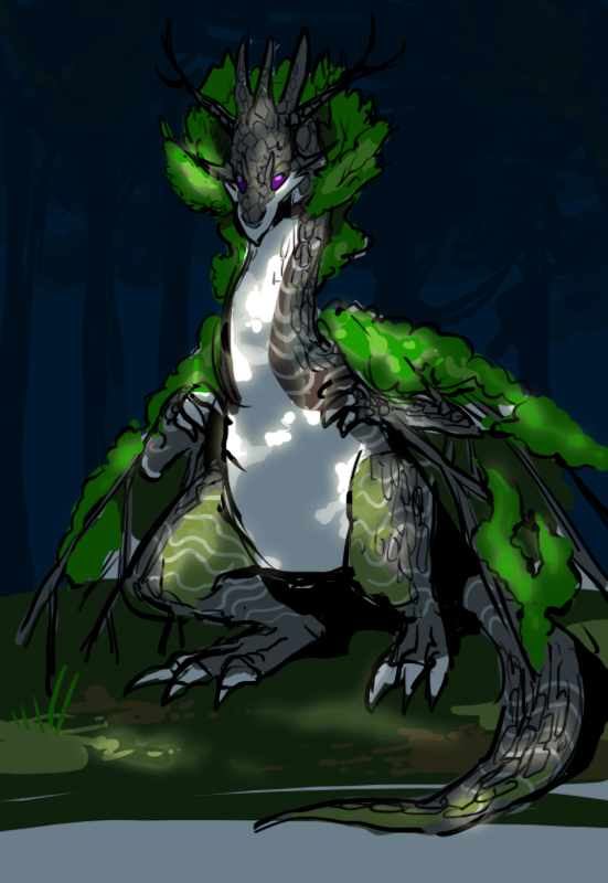 dragon forest green_dragon horn invalid_color male mayobug pulple_eyes solo tree wings