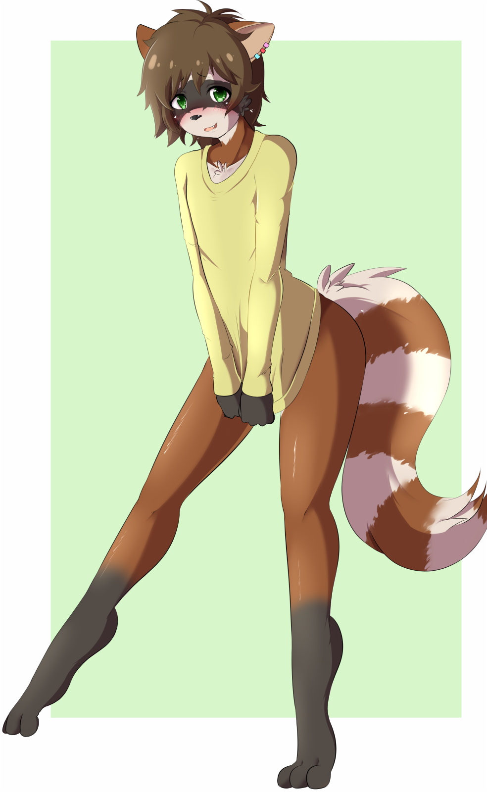 2014 ambiguous_gender anthro arylon blush bottomless brown_hair chatai covering digitigrade ear_piercing embarrassed green_eyes hair leaning leaning_forward looking_at_viewer mammal mask_(marking) one_one_leg piercing raccoon simple_background smile sweater