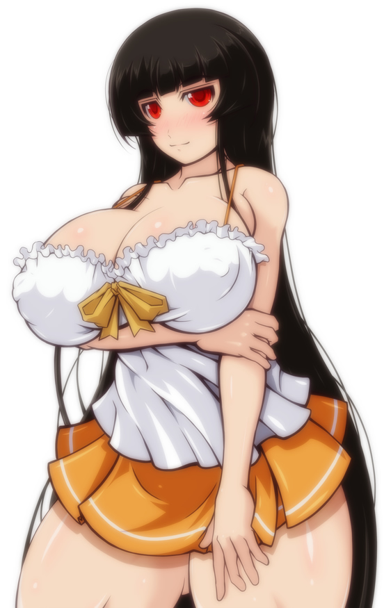 1girl bare_shoulders black_hair breast_hold breasts cleavage erect_nipples female huge_breasts katsuki_yousuke long_hair miniskirt original red_eyes shirt simple_background skirt solo standing very_long_hair white_background