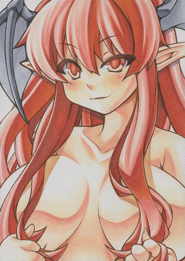 breasts breasts_apart collarbone colored_eyelashes colored_pencil_(medium) convenient_censoring demon_wings hair_censor hands_in_hair head_wings koakuma large_breasts long_hair marker_(medium) millipen_(medium) naughty_face nude pointy_ears red_eyes red_hair simple_background slit_pupils smirk solo touhou traditional_media uneven_eyes upper_body white_background wings yutakasan-love