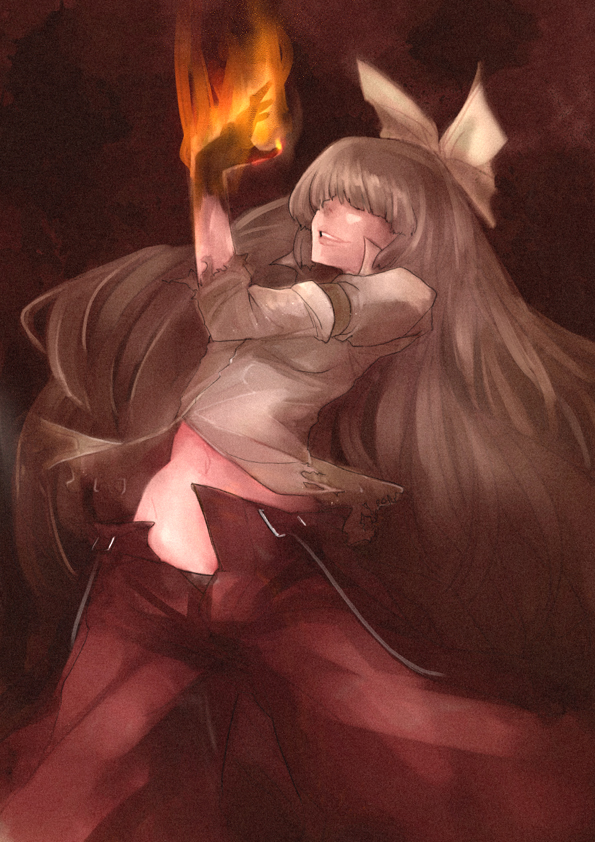 armband belt bow breasts buckle burning burning_hand burnt burnt_clothes fire fujiwara_no_mokou grey_hair hair_bow hair_over_eyes long_hair navel no_panties nose numany open_fly open_pants small_breasts smile smoke solo suspenders touhou