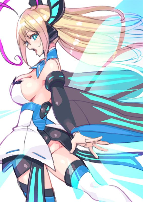 azure_striker_gunvolt bare_shoulders blonde_hair breasts butterfly_hair_ornament butterfly_wings cleavage detached_sleeves hair_ornament haruno_shuu large_breasts long_hair lumen_(gunvolt) multicolored_hair open_mouth purple_hair solo thighhighs two-tone_hair wide_sleeves wings