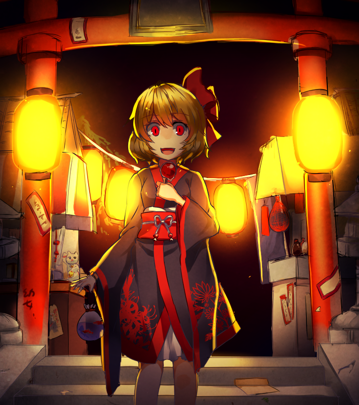 :d adapted_costume blonde_hair hair_ribbon hatimitu-x japanese_clothes kimono night ofuda open_mouth red_eyes ribbon rumia short_hair slit_pupils smile solo torii touhou wide_sleeves