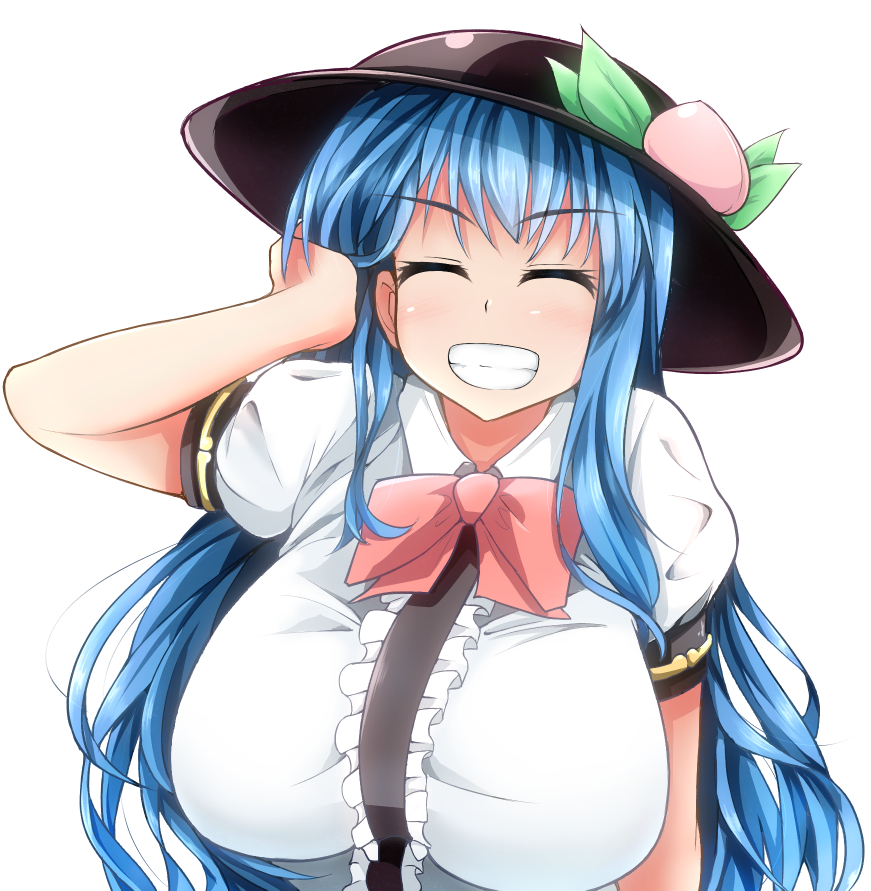 breasts closed_eyes eyebrows_visible_through_hair facing_viewer grin hand_on_own_head happy hinanawi_tenshi huge_breasts hydrant_(kasozama) simple_background smile solo touhou upper_body white_background
