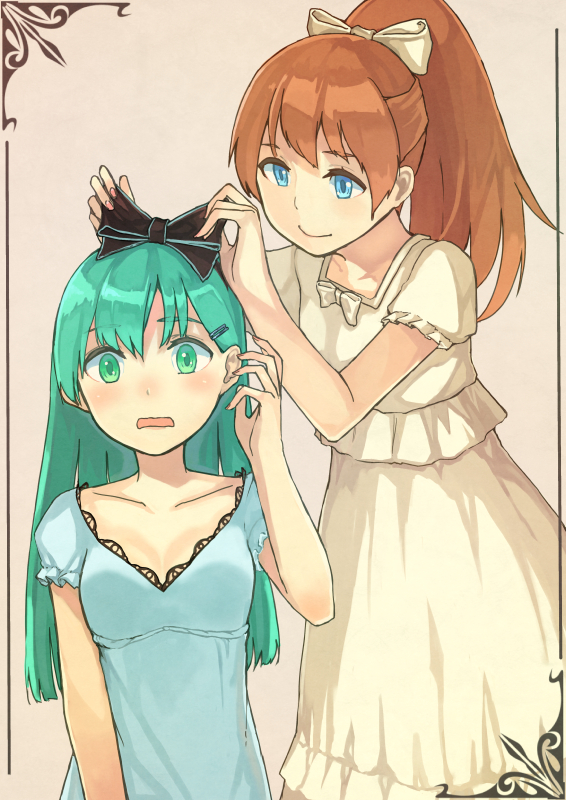 adjusting_bow alternate_costume aqua_eyes black_bow blue_dress blush bow brown_hair collarbone dress dressing_another formal frilled_sleeves frills green_eyes green_hair hair_bow hair_ornament hairclip kantai_collection kumano_(kantai_collection) long_hair multiple_girls open_mouth peroncho ponytail short_sleeves simple_background suzuya_(kantai_collection) wavy_mouth white_dress