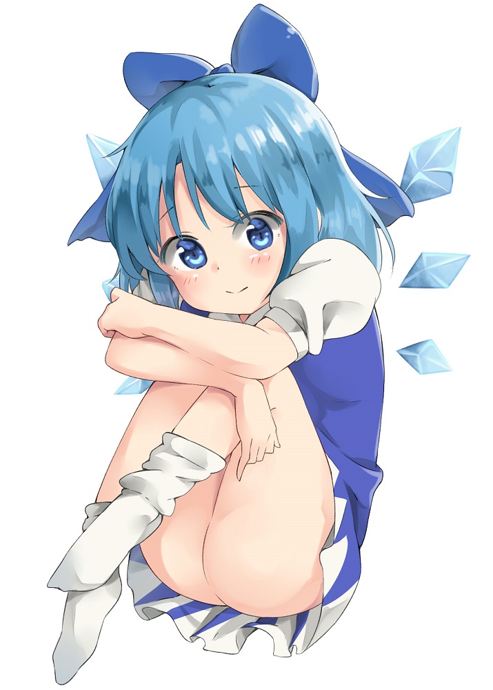 ass blue_dress blue_eyes blue_hair blush bow cirno daikon_(tomohiro158) dress full_body hair_bow ice ice_wings puffy_short_sleeves puffy_sleeves shirt short_sleeves simple_background smile solo touhou upskirt white_background wings