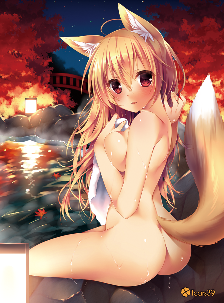 animal_ears ass blonde_hair blush breasts fox_ears fox_tail lamp leaf long_hair looking_at_viewer maple_leaf medium_breasts nude onsen open_mouth original red_eyes rock sitting sky smile solo sorai_shin'ya star_(sky) starry_sky tail towel water