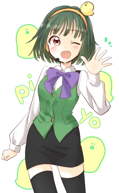 bird bow bowtie brown_eyes chick cowboy_shot green_hair hairband headset idolmaster idolmaster_(classic) mcyu mole mole_under_mouth one_eye_closed otonashi_kotori short_hair smile solo waving