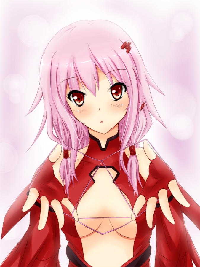 bare_shoulders breasts cat's_cradle center_opening cleavage detached_sleeves elbow_gloves fingerless_gloves folko gloves guilty_crown hair_ornament hairclip head_tilt heart long_hair looking_at_viewer medium_breasts navel open_mouth outstretched_arms pink_hair red_eyes solo twintails yuzuriha_inori