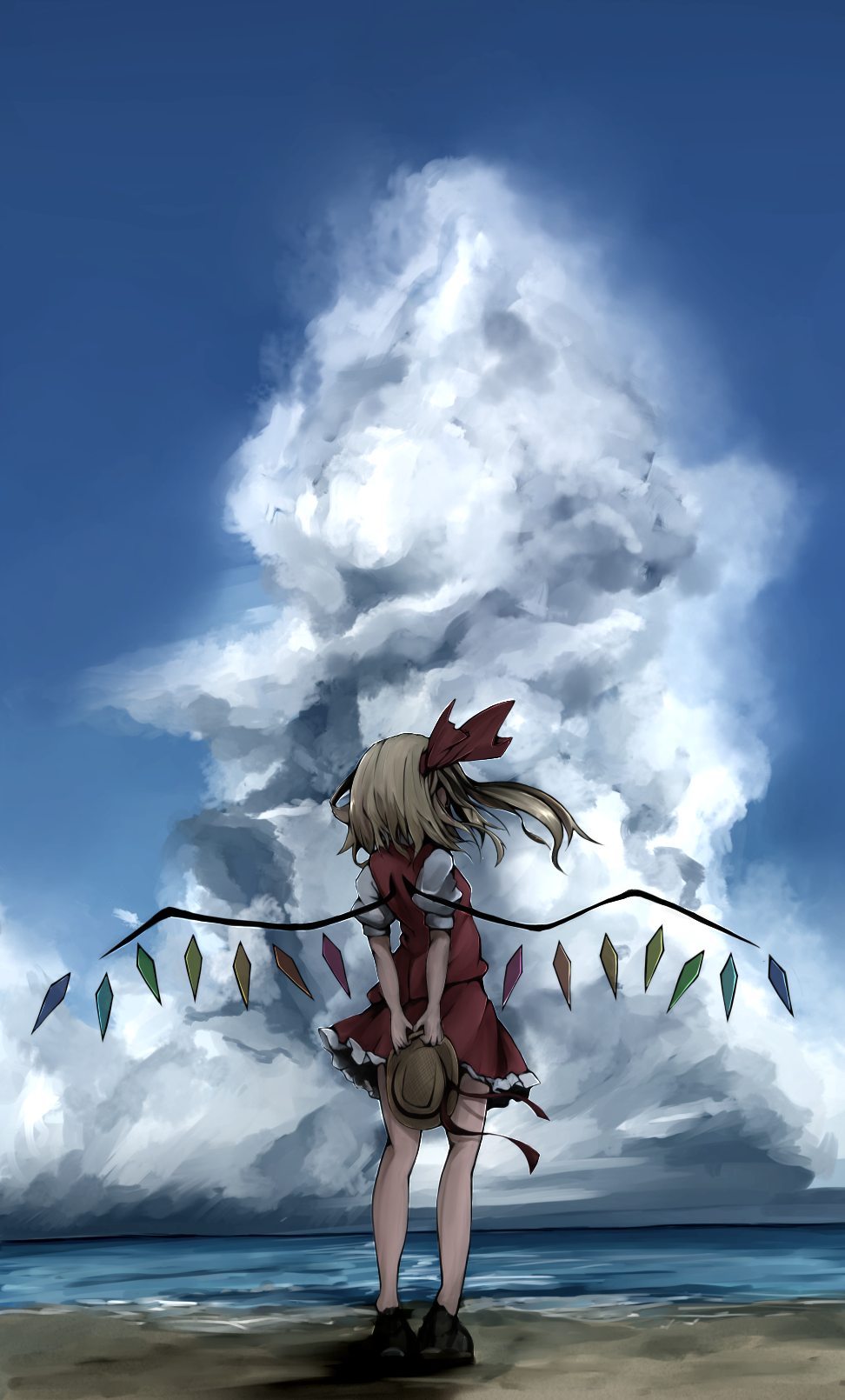 back bad_anatomy blonde_hair blue_sky cloud day dress flandre_scarlet flanvia hair_ribbon hat hat_removed hat_ribbon headwear_removed highres lake puffy_short_sleeves puffy_sleeves red_dress ribbon shirt short_sleeves side_ponytail sky solo touhou water wind wings