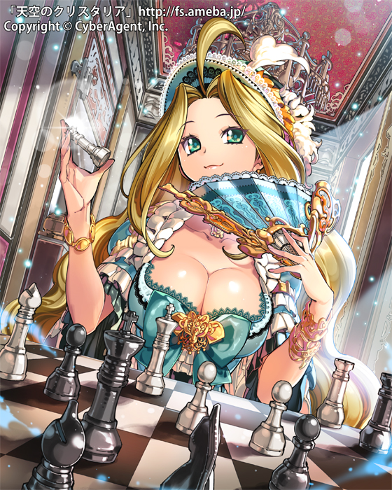 :3 ahoge bad_id bad_pixiv_id blonde_hair board_game breasts chess chess_piece cleavage company_name copyright_name fan folding_fan green_eyes hat holding large_breasts long_hair looking_at_viewer official_art original pop_kyun smile solo tenkuu_no_crystalia watermark web_address