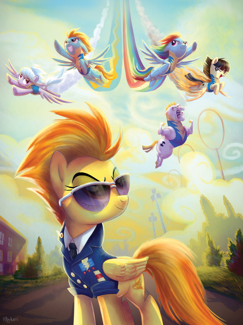 2014 adlynh amber_eyes badge brown_eyes brown_hair building bulk_biceps_(mlp) clothing cloud_chaser_(mlp) equine eyewear female fire flying friendship_is_magic glasses hair lightning_dust_(mlp) male mammal muscles my_little_pony necktie pegasus purple_eyes rainbow rainbow_dash_(mlp) red_eyes skinsuit smoke spitfire_(mlp) suit sunglasses tongue tongue_out wild_fire_(mlp) wings wonderbolts_(mlp)