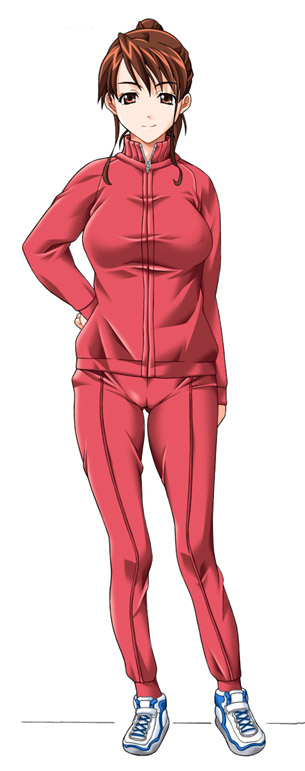 1girl breasts brown_hair cameltoe complets full_body hand_on_hip kitahara_kimiko large_breasts looking_at_viewer mame short_hair simple_background solo teacher track_suit tracksuit white_background yagai_gakushuu