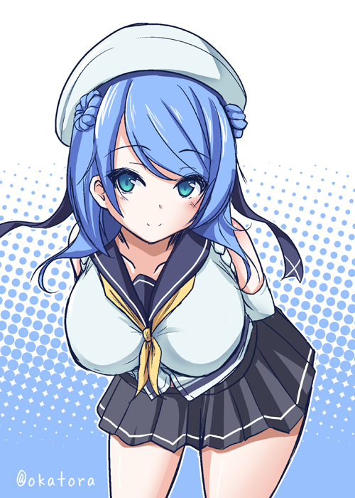 arms_behind_back bangs blue_eyes blue_hair breasts collarbone cowboy_shot elbow_gloves eyebrows_visible_through_hair gloves hat kantai_collection large_breasts leaning_forward long_hair looking_at_viewer okatora outline pleated_skirt skirt sleeves_rolled_up smile solo twitter_username urakaze_(kantai_collection) white_outline yellow_neckwear