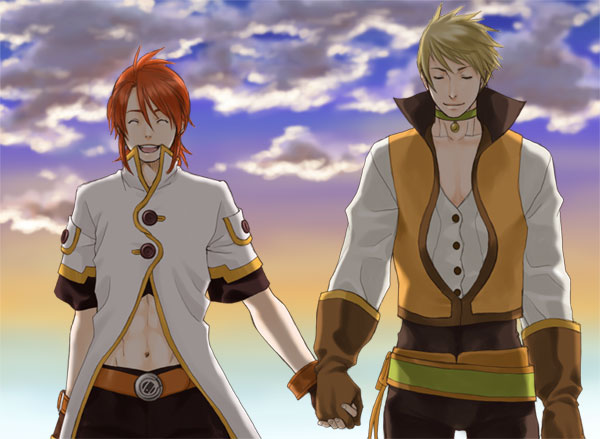 blonde_hair choker green_eyes luke_fon_fabre male male_focus namco popped_collar red_hair redhead tales_of_(series) tales_of_the_abyss vest wrong_direction