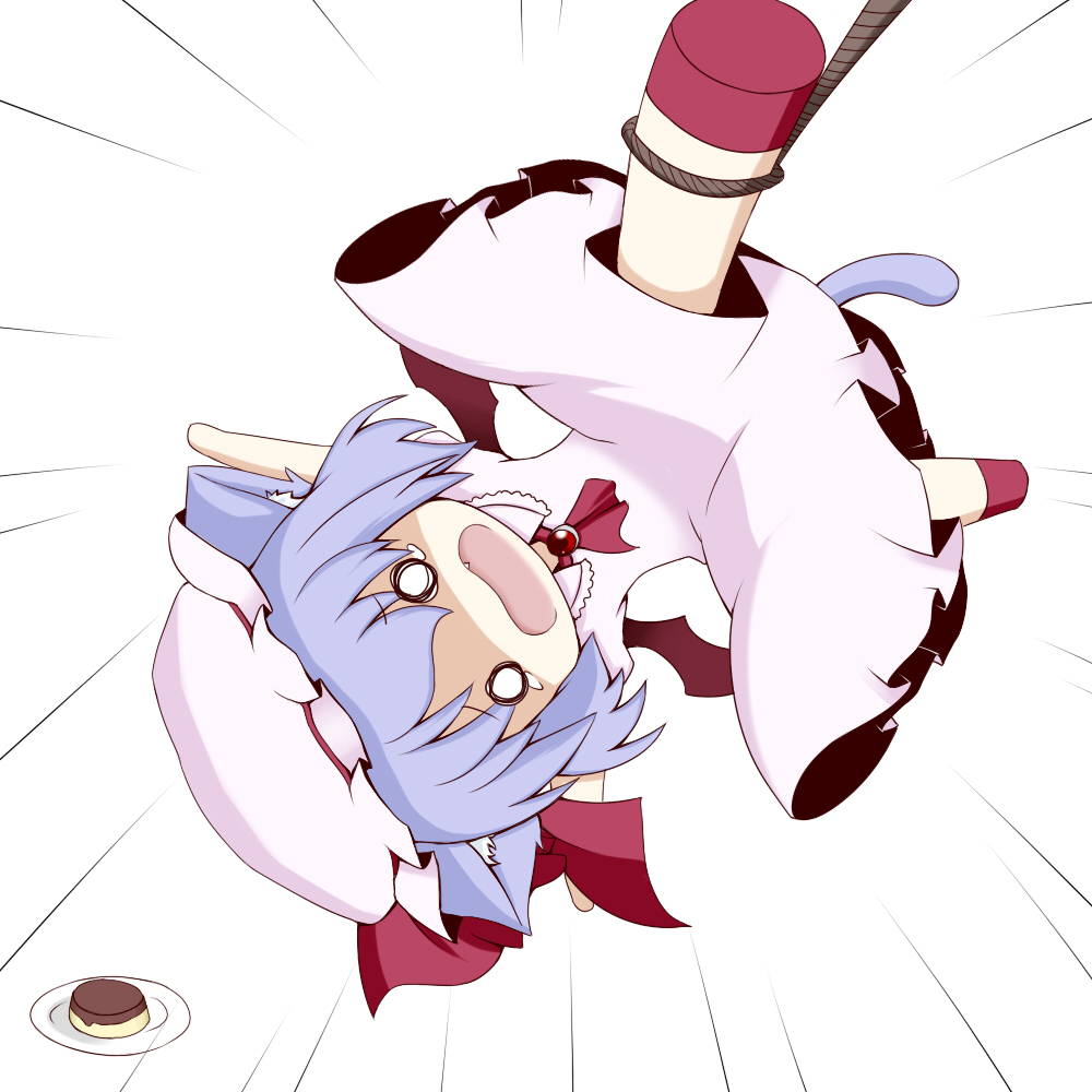 animal_ears bad_id bad_pixiv_id bat_wings blue_hair cat_ears cat_tail chibi fang food fuuen_(akagaminanoka) hat kemonomimi_mode o_o open_mouth pudding purple_hair remilia_scarlet short_hair snare solo tail tears touhou wings