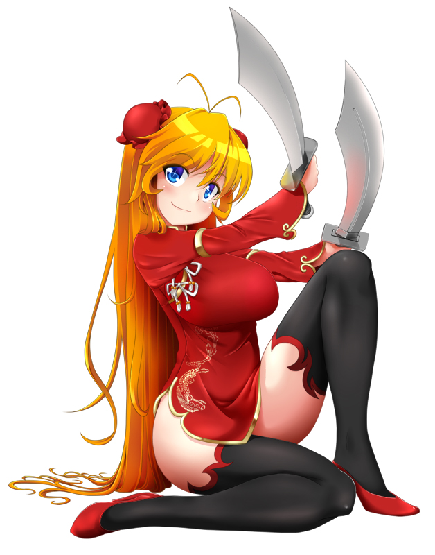 antenna_hair bad_anatomy bangs blue_eyes breasts bun_cover character_request china_dress chinese_clothes daibouken!_yukeyuke_osawari_island double_bun dress excel_(shena) from_side full_body gold_trim high_heels impossible_clothes kneeling large_breasts long_hair long_sleeves looking_at_viewer orange_hair scimitar shiny shiny_hair short_dress side_slit simple_background smile solo sword thighhighs thighs very_long_hair weapon white_background