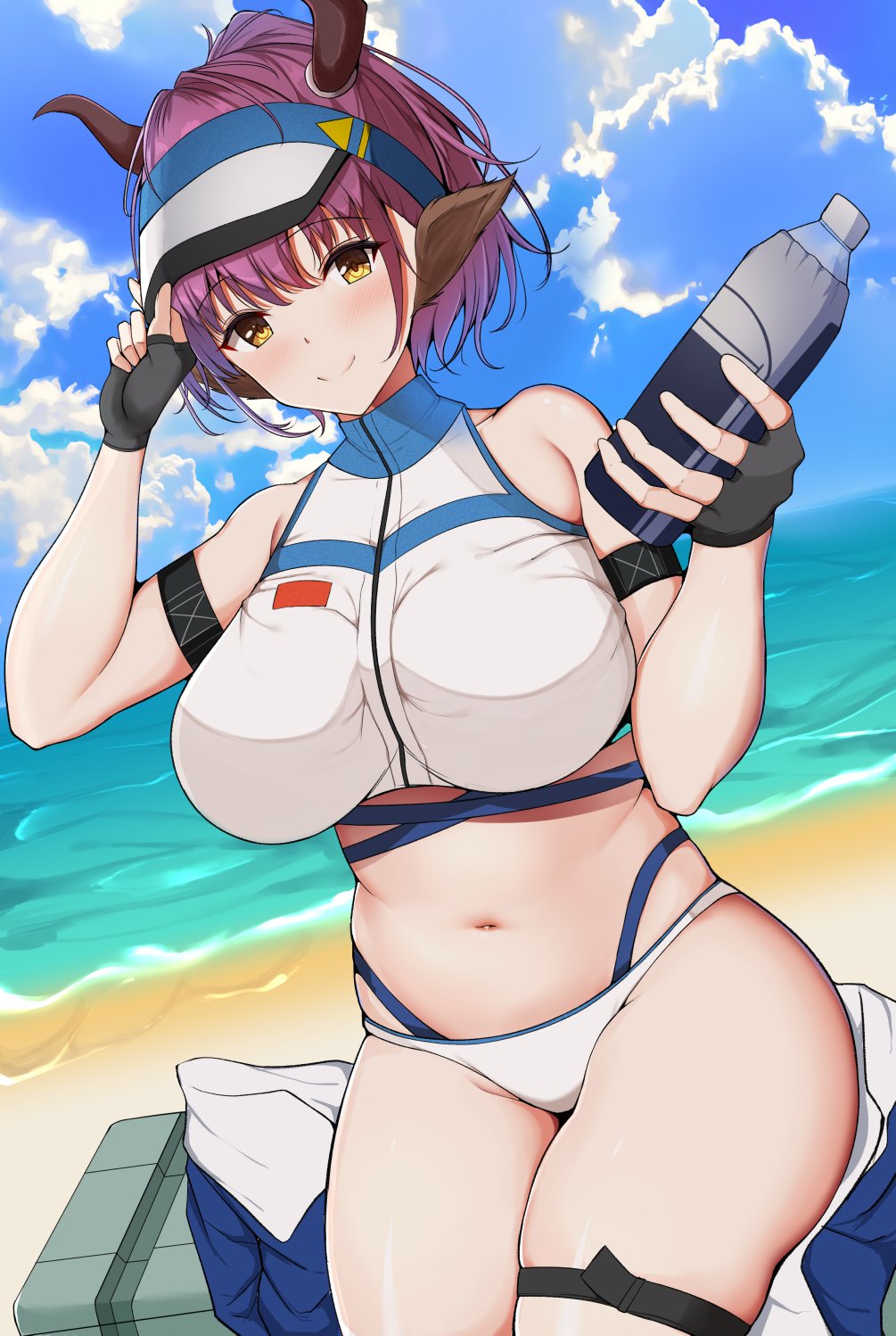 1girl animal_ears animal_print arknights arm_strap arm_up bangs bare_shoulders beach bikini black_gloves blue_jacket blue_sky blush bottle box breasts closed_mouth cloud cow_ears cow_girl cow_print day eyebrows_visible_through_hair fingerless_gloves gloves highres holding holding_bottle jacket jacket_removed large_breasts looking_at_viewer navel noeomi ocean official_alternate_costume outdoors purple_hair short_hair sideroca_(arknights) sideroca_(light_breeze)_(arknights) sitting skindentation sky smile solo stomach swimsuit thigh_strap visor_cap water white_bikini white_headwear yellow_eyes
