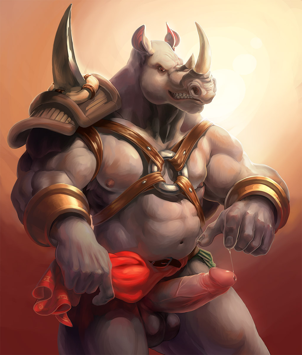 2014 abs alpha0 anthro balls chubby clothing horn loincloth male mammal musclegut muscles nipples pecs penis precum rhinoceros solo