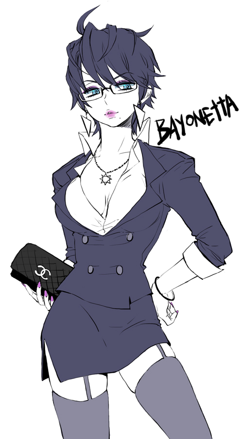 alternate_costume alternate_hair_length alternate_hairstyle bad_id bad_pixiv_id bag bayonetta bayonetta_(character) bayonetta_2 blue_eyes breasts cleavage contrapposto dishing double-breasted earrings eyeshadow formal garter_straps glasses hand_on_hip handbag jacket jewelry large_breasts lips lipstick makeup mole mole_under_mouth nail_polish necklace no_bra pencil_skirt red_nails semi-rimless_eyewear short_hair side_slit skirt skirt_set skirt_suit solo spot_color standing suit thighhighs under-rim_eyewear