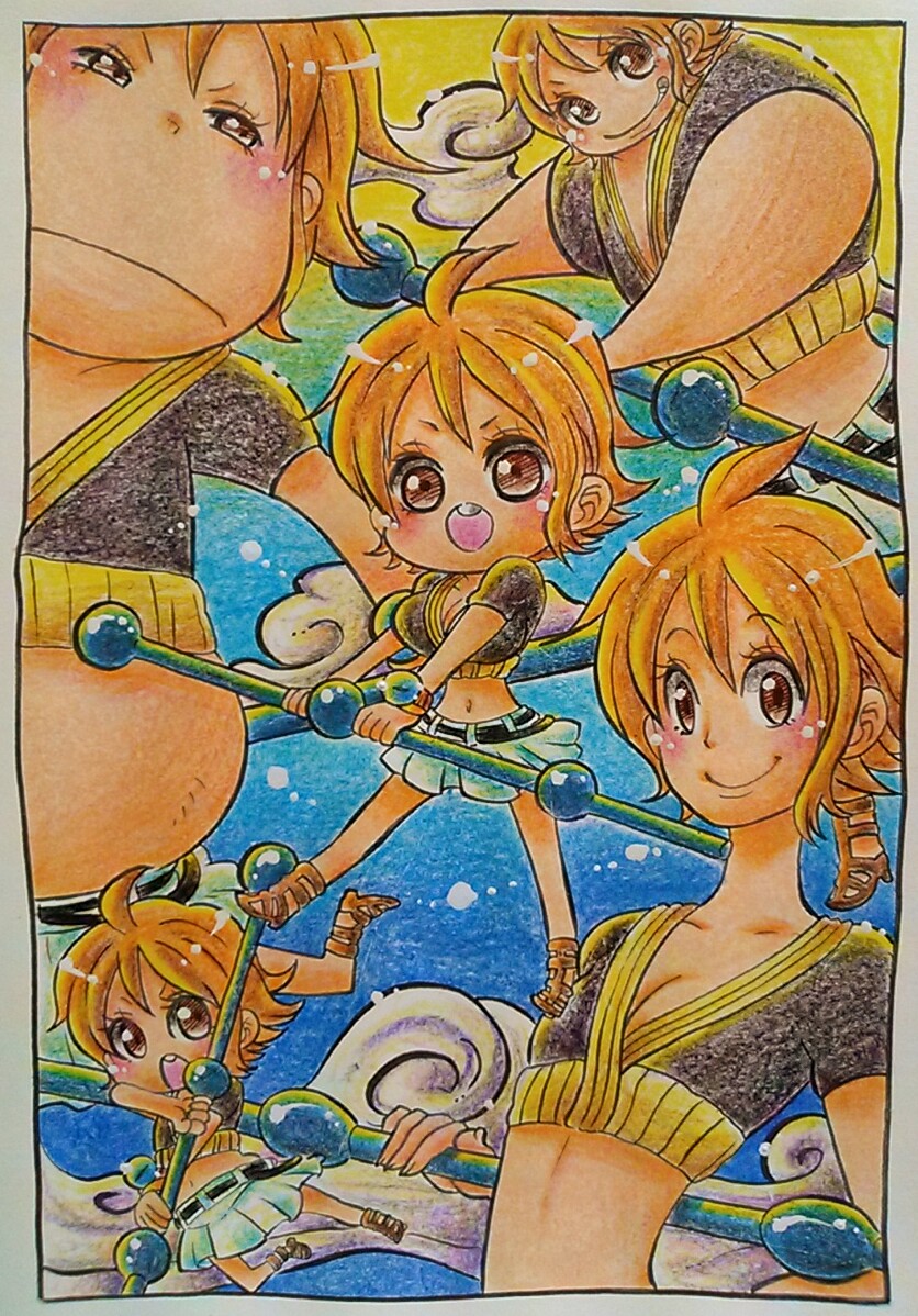 enies_lobby graphite_(medium) midriff multiple_persona nami nami_(one_piece) one_piece onexone orange_hair pencil_(medium) short_hair smile staff traditional_media