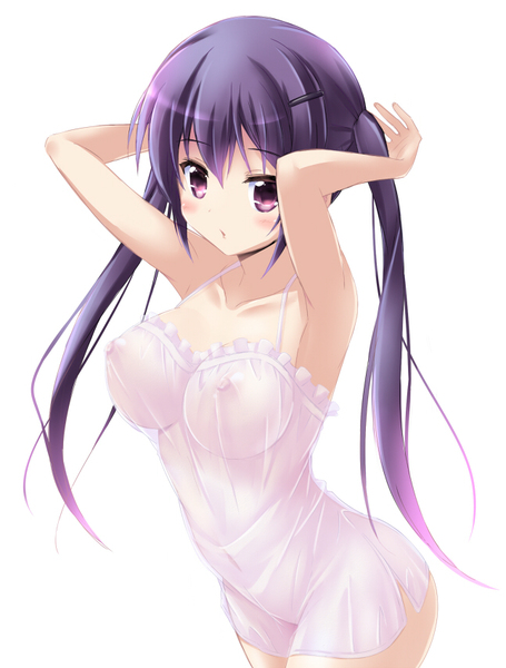 1girl armpits arms_up blush breasts female gochuumon_wa_usagi_desuka? hair_ornament hairclip large_breasts long_hair looking_at_viewer navel nightgown nipples no_bra no_panties purple_eyes purple_hair riki_(archf) see-through simple_background solo tedeza_rize twintails white_background