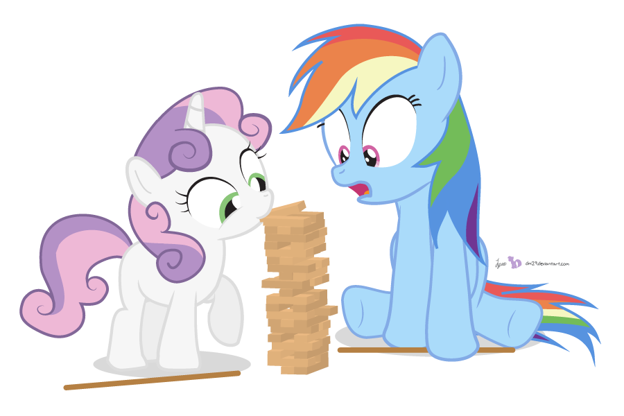 2014 alpha_channel cub dm29 duo equine female feral friendship_is_magic horn horse jenga mammal my_little_pony pegasus rainbow_dash_(mlp) sweetie_belle_(mlp) unicorn wings young