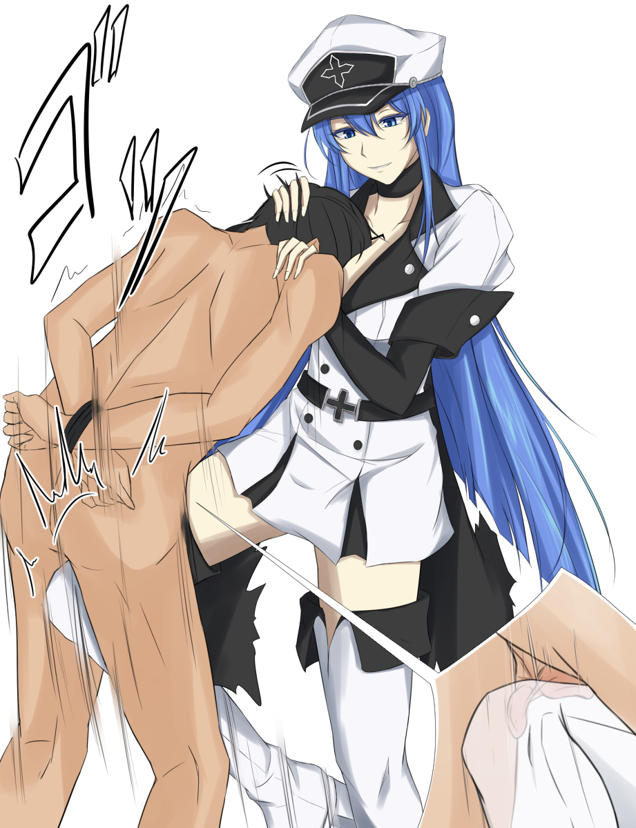 1girl akame_ga_kill! arms_behind_back bdsm between_breasts blue_eyes blue_hair bondage boots bound bound_wrists breast_smother breasts choker close-up clothed_female_nude_male crotch_kick esdeath femdom hat head_between_breasts highres kneeing large_breasts light_smile long_hair military military_uniform nude peaked_cap piro_(iiiiiiiiii) sadism tattoo thigh_boots thighhighs uniform very_long_hair