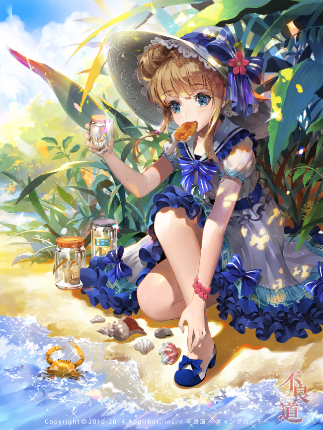 blonde_hair blue_eyes bow copyright_name crab dress food food_in_mouth frilled_dress frills furyou_michi_~gang_road~ hat hat_bow ice_cream jar klestil_reina leaf logo no_socks official_art puffy_short_sleeves puffy_sleeves sailor_collar sand shade shell shoe_bow shoes short_hair short_sleeves solo tob twintails water wristband