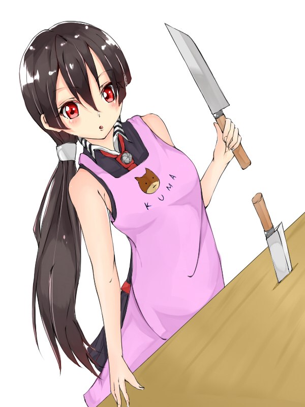 1girl akame akame_ga_kill! apron arm_guards black_hair character_request kitchen_knife knife long_hair looking_at_viewer pleated_skirt red_eyes skirt solo standing very_long_hair white_background