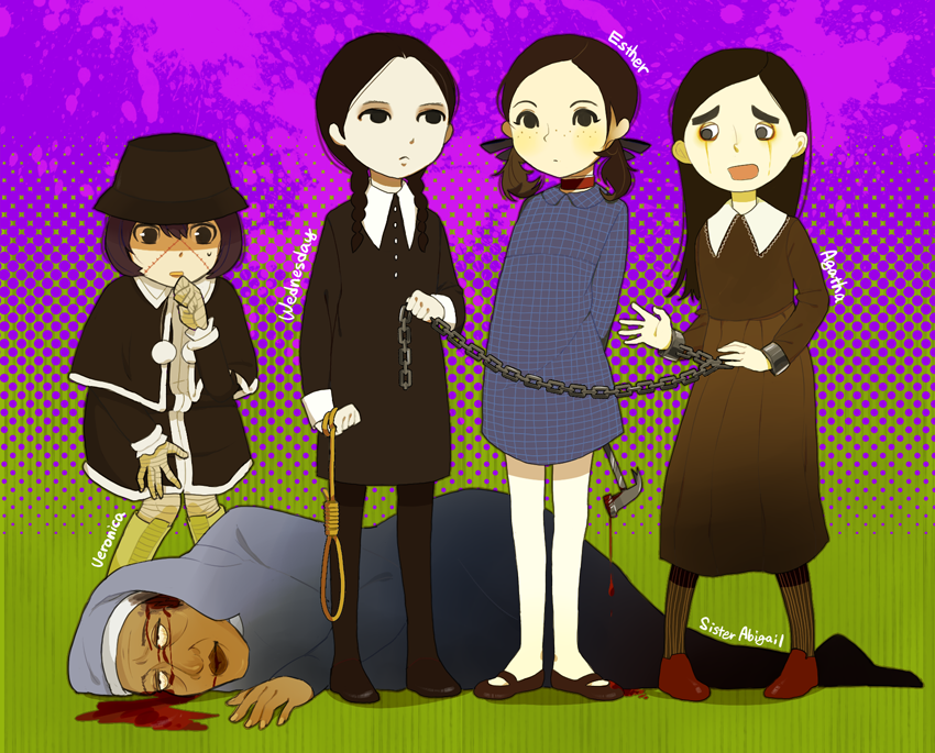 :o addams_family agatha_(paranorman) arms_behind_back bad_id bad_pixiv_id black_eyes black_hair black_hat black_legwear blood blood_from_mouth brown_legwear chain character_request crossover cuffs esther_(orphan) expressionless franken_fran green_background hammer hat lips madaraki_veronica mary_janes multiple_girls orphan pantyhose paranorman parted_lips rope satoma_(tarumy) shackles shoes simple_background standing stitches striped striped_legwear surprised sweatdrop tears wednesday_addams worried