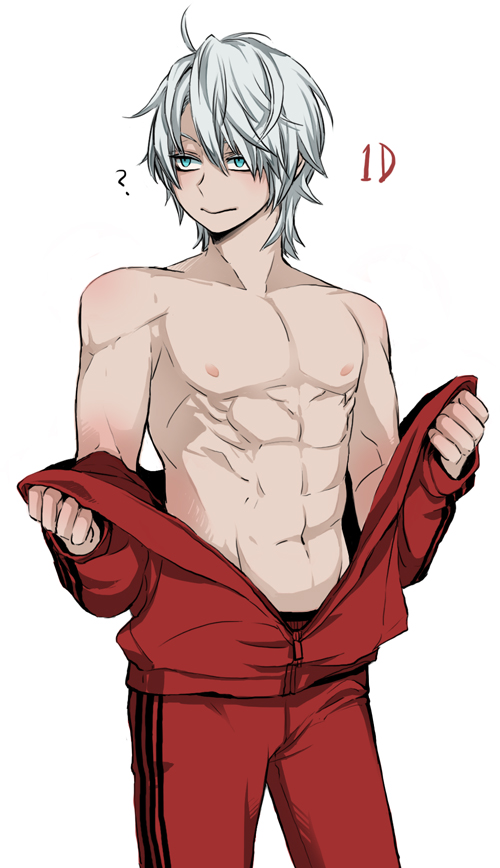 ? abs bad_id bad_pixiv_id blue_eyes dante_(devil_may_cry) devil_may_cry dishing male_focus muscle navel pectorals silver_hair solo track_suit undressing