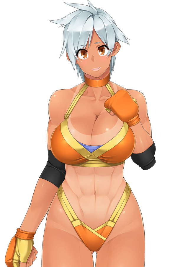1girl 23_(real_xxiii) bare_shoulders breasts brown_eyes cleavage dark_skin fingerless_gloves gloves highres huge_breasts legs lipstick looking_at_viewer makeup navel real_xxiii short_hair silver_hair simple_background smile solo standing tan tanline thighs white_background wrestle_fight_girls