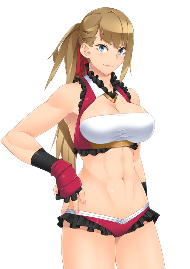 1girl 23_(real_xxiii) blonde_hair blue_eyes breasts cleavage fingerless_gloves gloves hair_ribbon hand_on_hip highres large_breasts legs long_hair looking_at_viewer navel ponytail real_xxiii ribbon simple_background smile solo standing thighs white_background wrestle_fight_girls