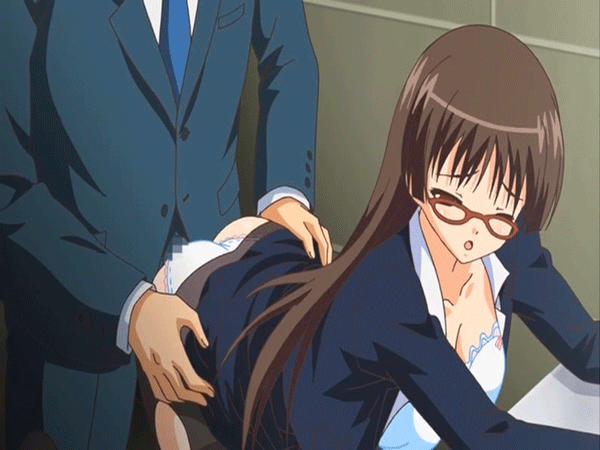 age_difference animated animated_gif aoyama_hatsune bounce bouncing_breasts bra breasts brown_eyes brown_hair cleavage formal from_behind glasses huge_breasts jk_to_ero_giin_sensei lingerie long_hair moaning panties pantyhose poro sex suit torn_clothes torn_pantyhose underwear white_panties
