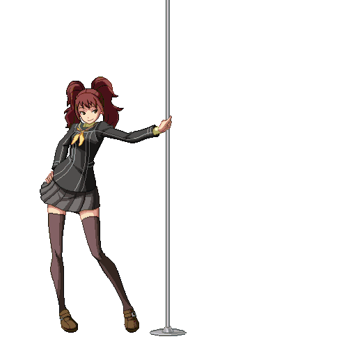 animated animated_gif barefoot bikini breasts brown_hair kujikawa_rise long_hair lowres persona persona_4 persona_4:_the_ultimate_in_mayonaka_arena persona_4:_the_ultimax_ultra_suplex_hold pixel_art pleated_skirt pole pole_dancing school_uniform serafuku side-tie_bikini skirt small_breasts smile solo spinning stripper_pole swimsuit thighhighs transformation twintails zettai_ryouiki