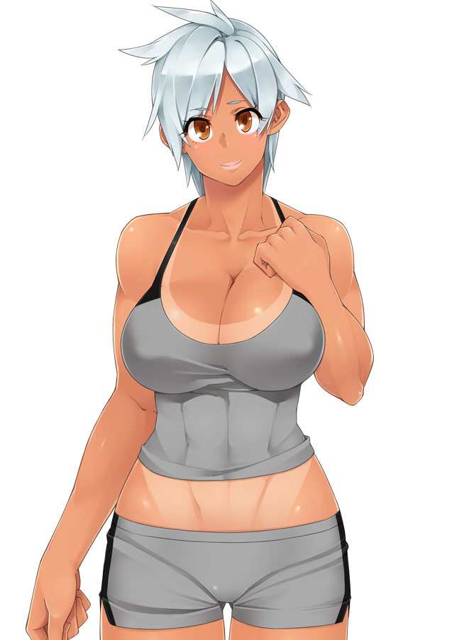 1girl 23_(real_xxiii) bare_shoulders breasts brown_eyes cleavage dark_skin highres huge_breasts legs lipstick looking_at_viewer makeup muscle real_xxiii short_hair shorts silver_hair simple_background smile solo standing tan tanline thighs white_background wrestle_fight_girls