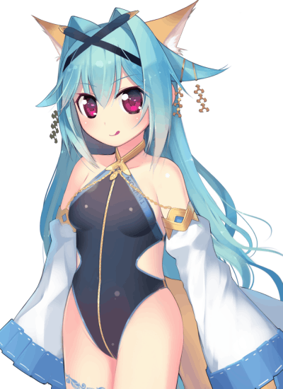:q animal_ears animated animated_gif bare_shoulders blinking blue_hair blush breasts detached_sleeves fox_ears fox_tail hair_intakes hair_ornament kashiwamochi_yomogi long_hair looking_at_viewer mogami_yoshiaki_(sengoku_collection) one-piece_swimsuit red_eyes school_swimsuit sengoku_collection simple_background small_breasts smile solo swimsuit tail tongue tongue_out very_long_hair white_background