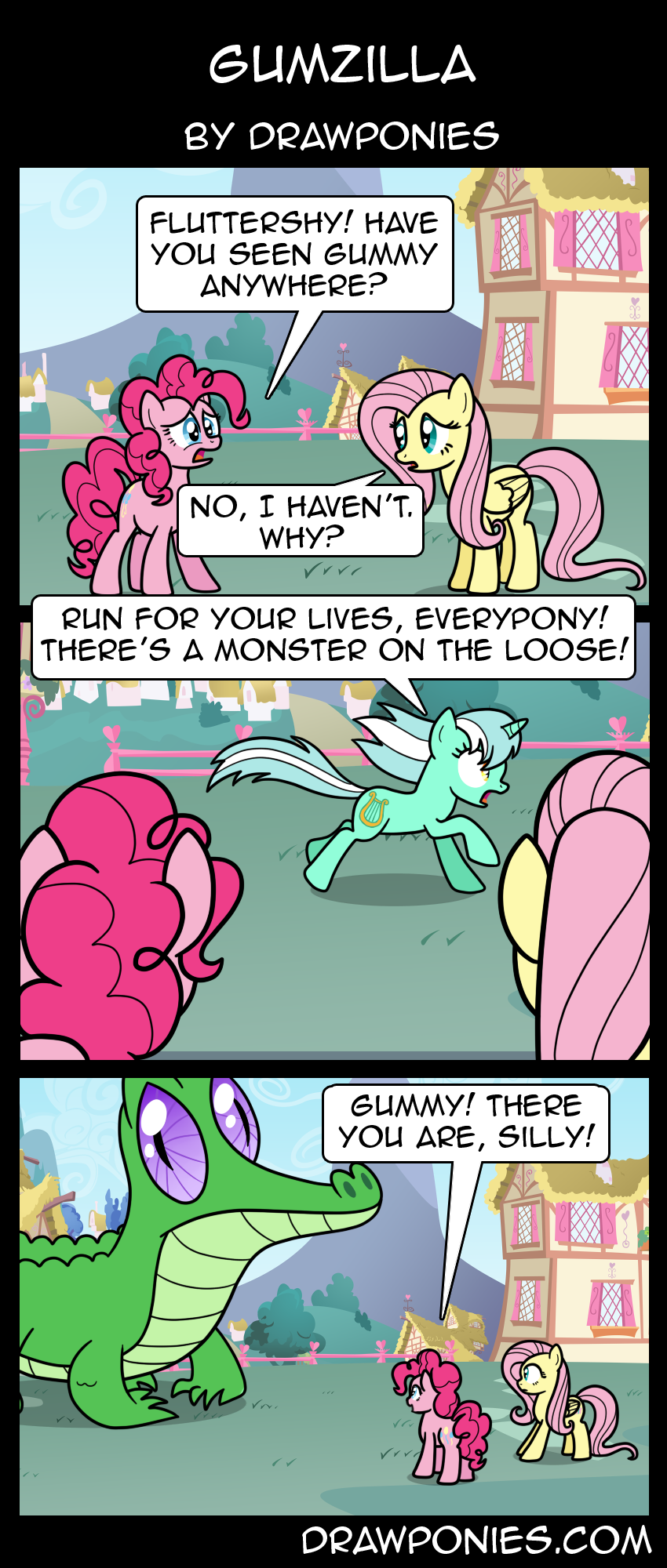 2014 alligator blue_eyes comic cutie_mark dialog drawponies earth_pony english_text equine female fence fluttershy_(mlp) friendship_is_magic green_hair gummy_(mlp) hair horn horse house invalid_tag lyra_heartstrings_(mlp) mammal my_little_pony pegasus pink_hair pinkie_pie_(mlp) pony ponyville purple_eyes reptile scalie size_difference slit_pupils text two_tone_hair unicorn white_hair wings yellow_eyes